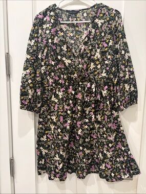 New Look Black Floral Wrap Mini Dress with Purple & Cream Blooms